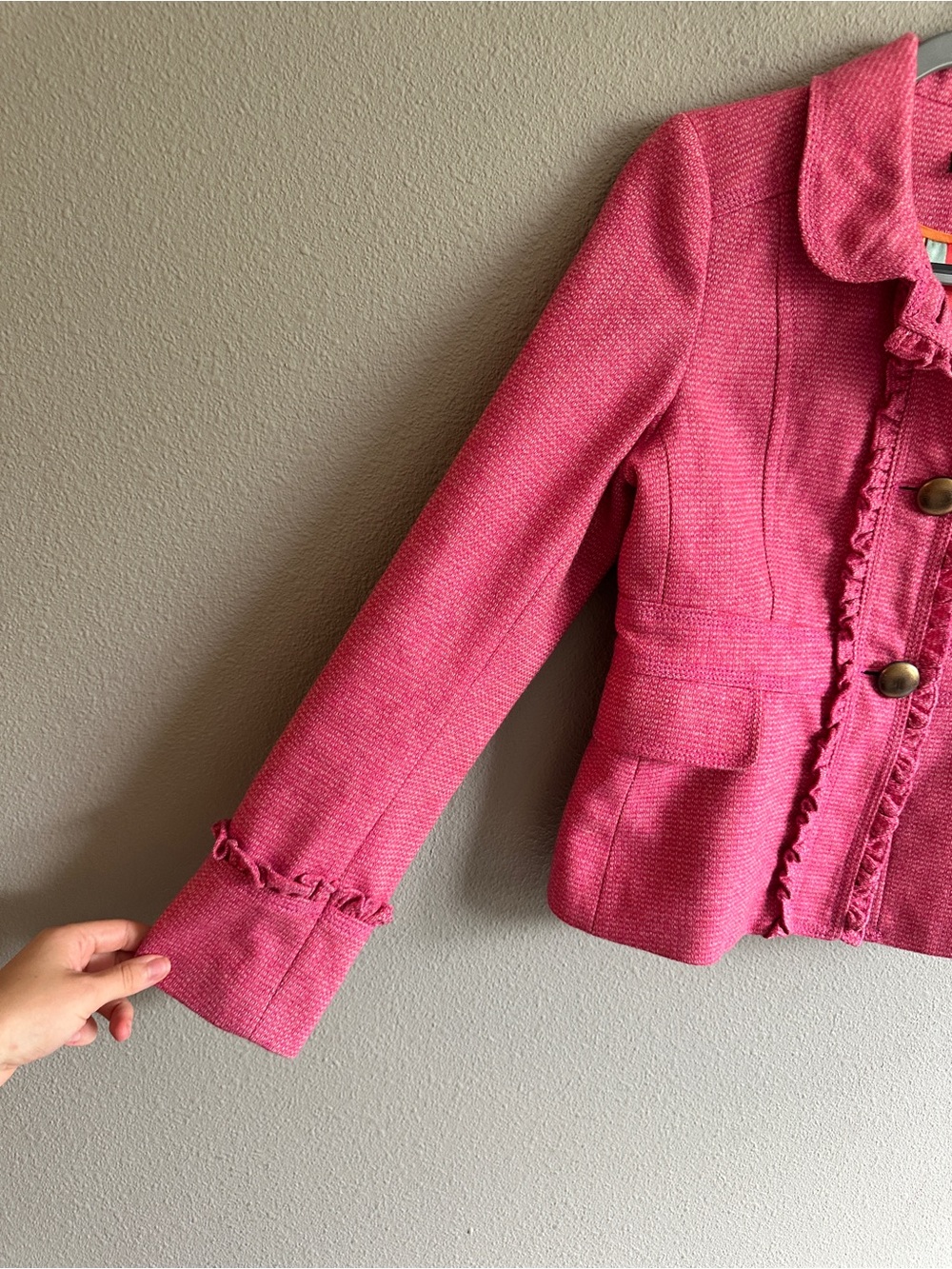 Vintage Y2K J. Crew Pink Wool Ruffle-Trim Blazer 10 - Picture 4 of 12